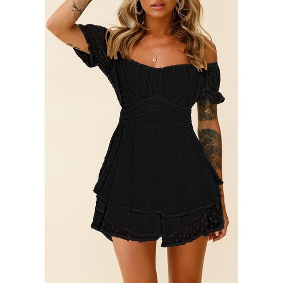 Women Black Boho Romper Off Shoulder Ruffle Chiffon Shorts Jumpsuit Playsuits - Picture 3 of 6